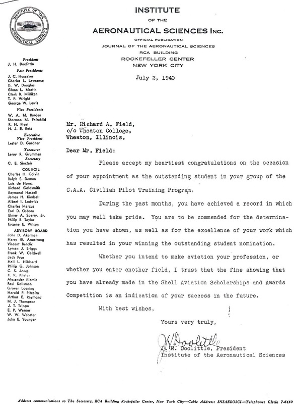 Doolittle letter to Capt. Richard A. Field