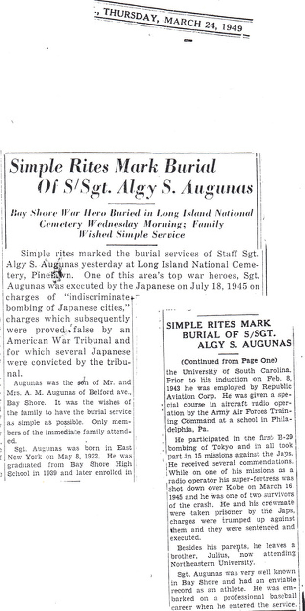 Newspaper article on Algy Augunas burial