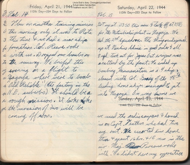 Robert Cookson Sr. Diary entry of the flight that day